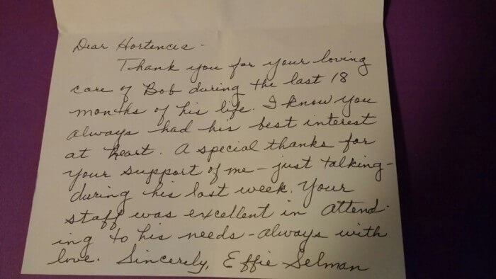 Senior Care Family thank you letter to Tiffin House staff from Effie Selman, page 1